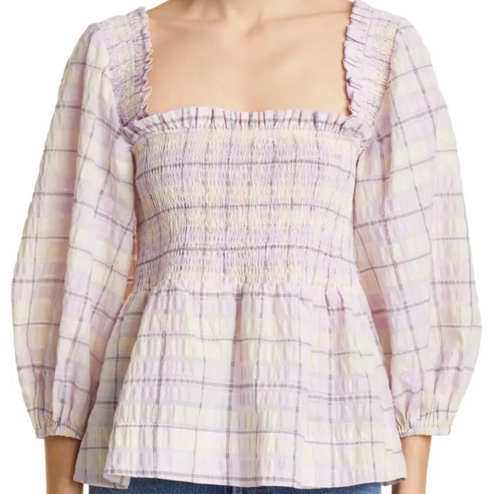 GANNI Check Seersucker Smocked Top
